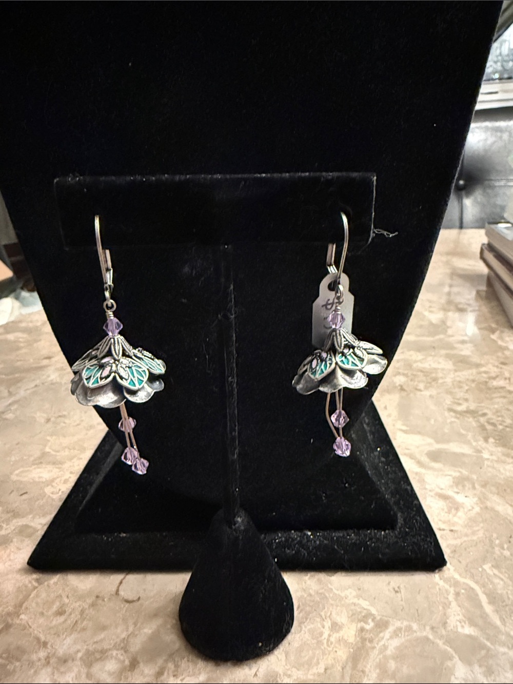 NWT No Monet flower fairy earrings with purple, genuine crystals and enamel